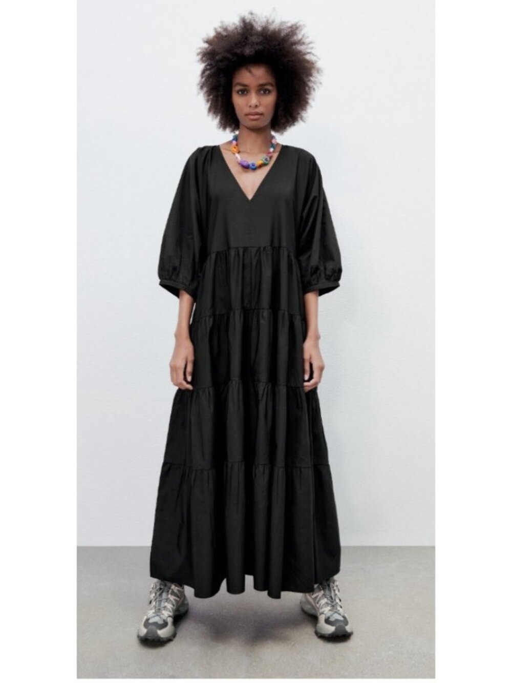 ZARA Black Tiered Maxi Dress Womens L US L Cotton Blend Puff Sleeve V Neck Boho